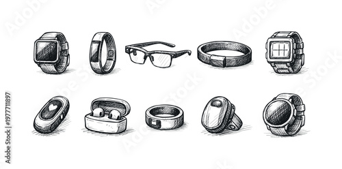 Collection of hand-drawn wearable technology gadgets and accessories