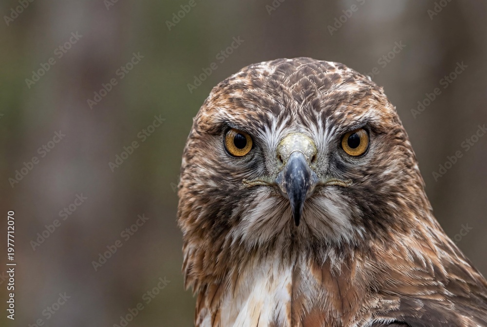 Obraz premium Red-tailed hawk intense frontal headshot portrait with sharp eyes and hooked beak showing majestic raptor wildlife bird of prey feathers and predator gaze for nature conservation background