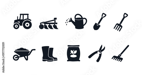 Collection of agricultural and gardening tools and equipment icons