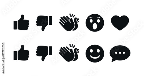 Collection of social media icons including thumbs up, thumbs down, clapping hands, and emojis