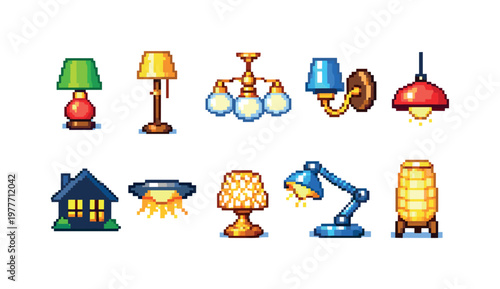 Collection of pixel art lighting elements including lamps, chandeliers, and a house