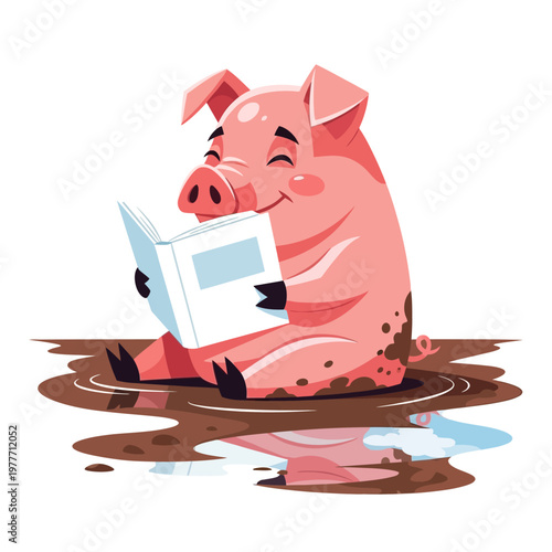Pig Reading Book in Mud.
