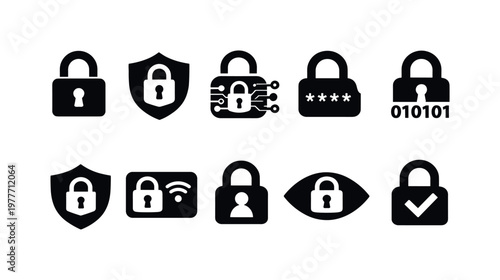 Collection of security and privacy icons featuring locks and shields