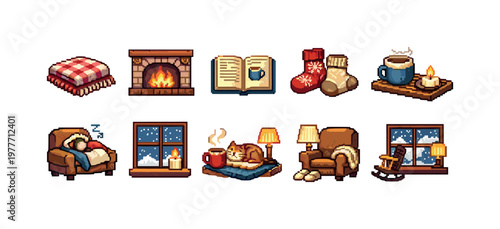 Cozy pixel art icons depicting winter hygge and relaxation at home