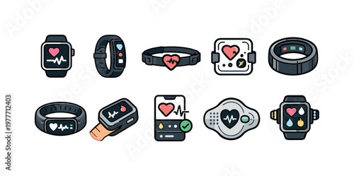 Collection of health monitoring devices and icons showing heart rate and vital signs
