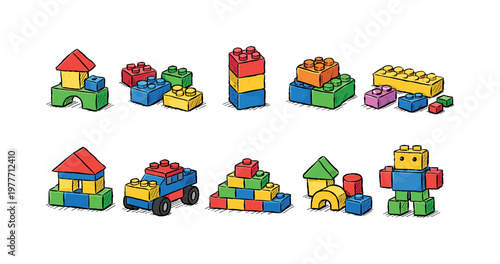 Colorful building blocks arranged into various shapes and figures on a white background