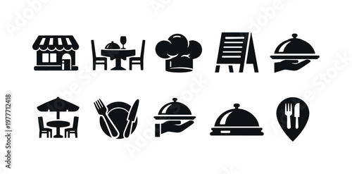 Collection of restaurant and dining icons representing various aspects of the food service industry