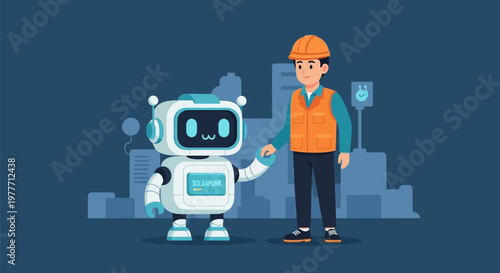 Robot and construction worker standing.