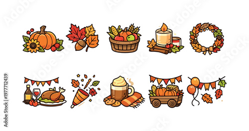 Collection of cute autumn and Thanksgiving holiday icons with festive elements