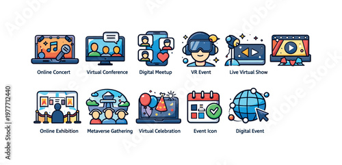 Collection of digital and virtual event icons for online gatherings and celebrations