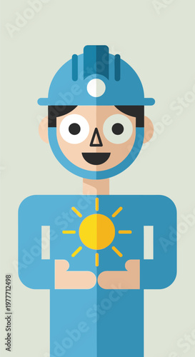 Cartoon Miner Holding Light Bulb.