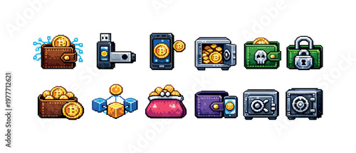 Pixel art icons representing cryptocurrency wallets, safes, and digital assets