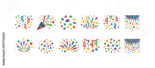 Pixel art celebration elements including confetti, fireworks, and party poppers