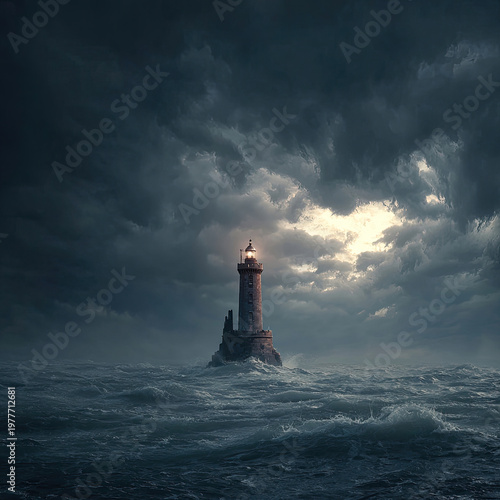 Lighthouse stands defiant against stormy seas under dramatic sky.