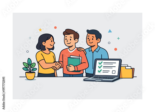 Team members shaking hands and collaborating on a project with a laptop and files