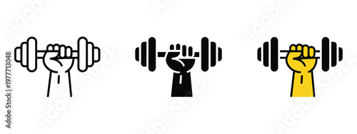 Hand, holding dumbbell icon vector featuring strength and motivation symbol, gym workout and training concept, modern flat vector