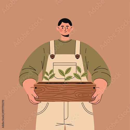 Wallpaper Mural Man Holding Wooden Plant Box. Torontodigital.ca