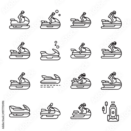 Watercraft action icons with rider during water sports on white background simple line art