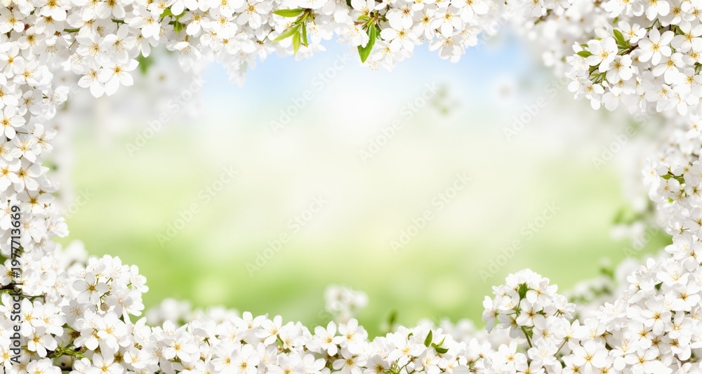 Fototapeta premium art Spring border background with white blossom 