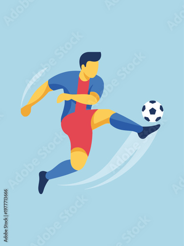 soccer player kicking ball mid-air, flat vector style, faceless, geometric shapes, minimal design