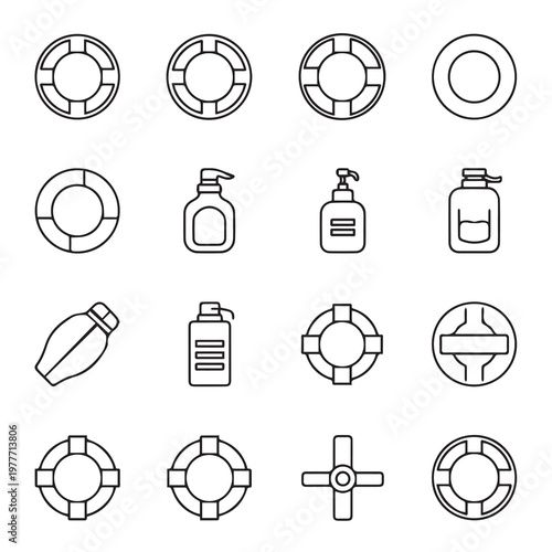 Collection of Safety Rings and Soap Dispensers in Clean Line Art Style