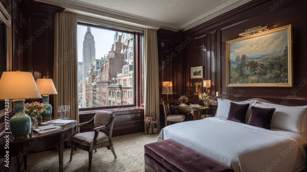 Fototapeta premium Luxury Hotel Room with City View and Elegant Decor.