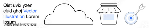 Digital storage, goal setting, food preservation, cloud computing, connectivity, innovation. A cloud, a jar and a target with an arrow. Digital storage and goal setting concepts