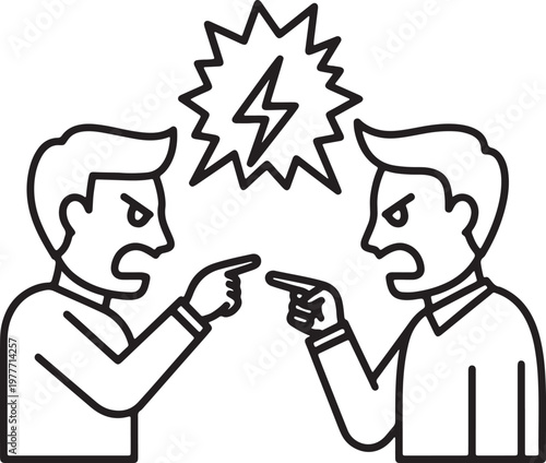 Two angry people pointing fingers at each other with line art