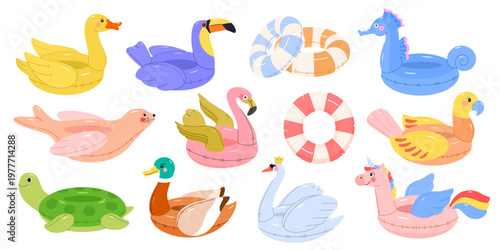 Set of inflatable animal pool floats and swimming rings for summer vacation: flamingo, swan, bird, toucan, turtle, unicorn, duck, seal, seahorse. Cute vector illustration on isolated background.