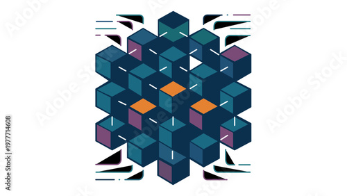 AI-generated vector illustration of a big data icon featuring a cluster of interconnected 3D cubes, representing blockchain technology, complex data analytics, and digital information storage.