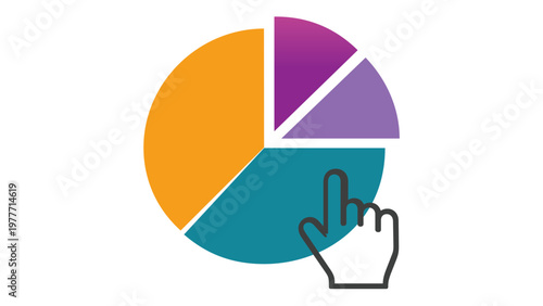 Colorful vector illustration of a pie chart with four segments and a hand cursor icon pointing to a data slice, representing interactive analytics, business statistics, and financial reporting.