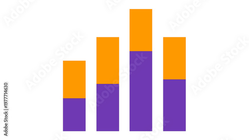 Minimalist vector illustration of a stacked bar chart with purple and orange segments, representing predictive data analytics, business growth, financial statistics, and progress tracking icon.