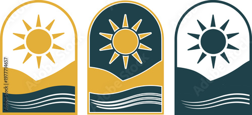 Three stylized arched badge designs featuring a sun rising over hills and rolling water elements