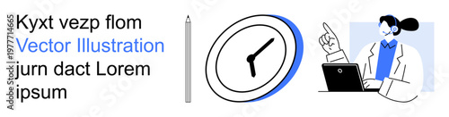 Time management, workplace productivity, organizational skills, professional workflow, multitasking, business planning. A clock, pen and businessperson with a laptop. Time management and workplace