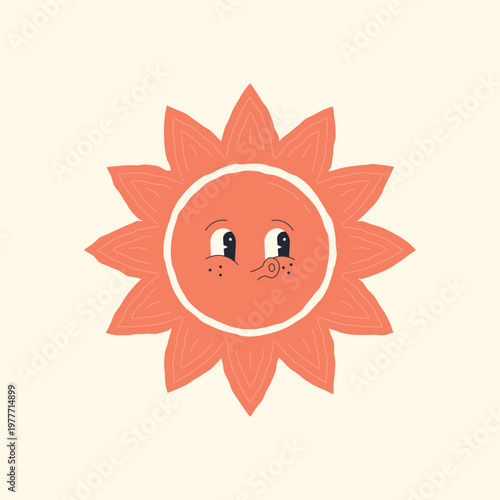 Stylized sun with geometric rays and cute face. Modern cartoon sun perfect for creative kids design and summer visuals.
