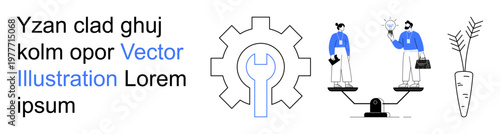 Business solutions, teamwork, innovation, work-life balance, productivity, career growth. Gear and wrench, balanced scales carrot and plant two professionals sharing ideas. Business solutions