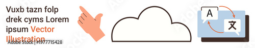 Cloud computing, data sharing, translation services, digital collaboration, online tools, communication. Image shows a cloud, hand gesture and translation icons. Cloud computing and data sharing