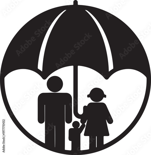 Family protected under a large umbrella, symbolizing security