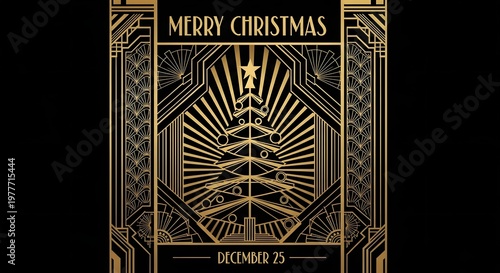 Art Deco Merry Christmas greeting card, vintage gold geometric Christmas tree on black background, 1920s Great Gatsby style holiday invitation