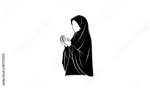 Elegant Muslim Woman Praying Silhouette Vector with White Background for Spiritual Design