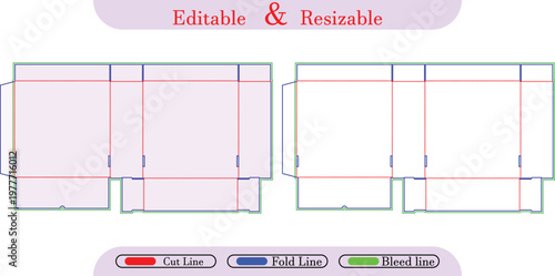 Packaging box die cut template, fold, cut, bleed lines
