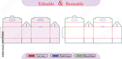 Packaging box die cut template with fold and bleed lines
