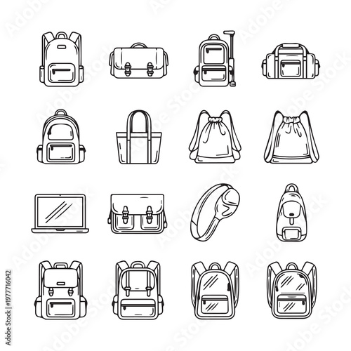 Diverse collection of bags and a laptop in a clean white background graphic