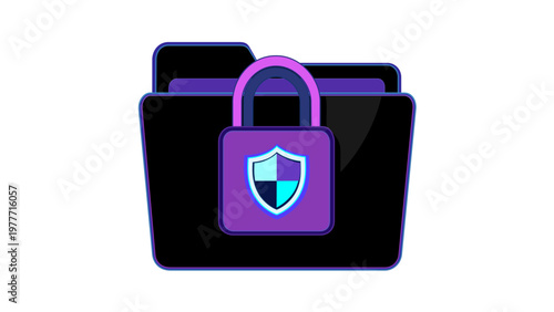 High-quality vector illustration of a black digital folder secured by a glowing purple and blue padlock with a shield icon, representing cyber security, data privacy, and encrypted storage.