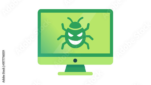 Green computer monitor with malicious bug icon on screen representing cyber security threat, malware, and software virus, flat minimalist vector illustration for technology and data protection.