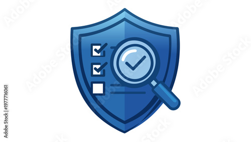 Blue shield vector icon with a checklist and magnifying glass, symbolizing cyber security, antivirus software, data protection, security audit, and compliance. Minimalist flat illustration.