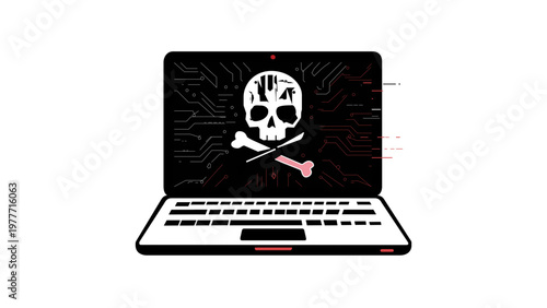 Professional cyber security vector illustration of a laptop with a skull and crossbones on the screen, symbolizing a hacker attack, malware infection, data breach, and digital piracy icon.