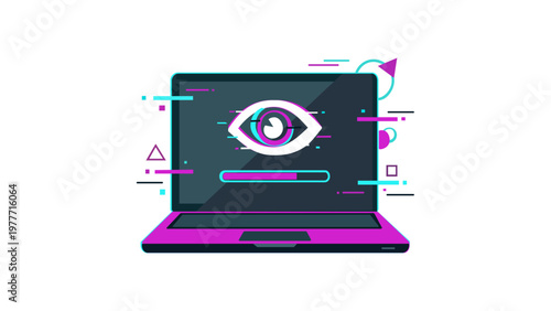 Cyber Security Hacker Laptop Vector Illustration with Glitch Art Eye Icon and Loading Bar for Digital Privacy, Data Protection, Surveillance, and Network Safety Concept Graphic Design