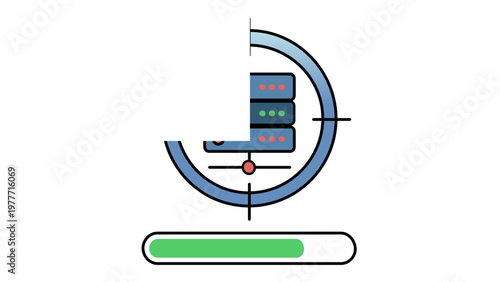 Cyber security access control vector icon illustration featuring a server rack inside a target crosshair with a loading progress bar, representing data protection and network system monitoring.