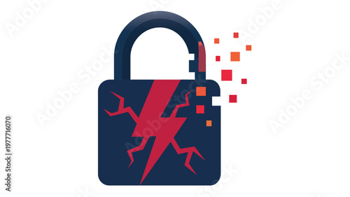 Cyber security threat vector icon illustration featuring a broken padlock with a lightning bolt and pixelated shattering effect, representing a data breach, hacking attack, and digital vulnerability.